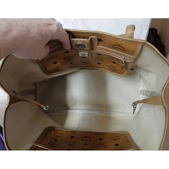 MCM Cognac Visetos Monogram Green Stripe Limited Edition Liz Shopper Tote - Picture 7 of 8